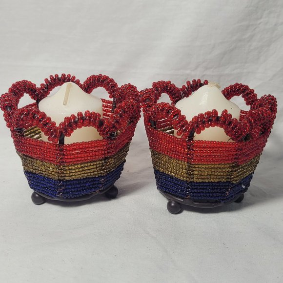 Beaded Retro Voltaire Candle Holder Boho Red Blue Yellow - Picture 1 of 9